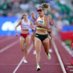 Elle St. Pierre wins a heat women's 3000-meter run during the U.S. Track and Field Olympic Team Trials.