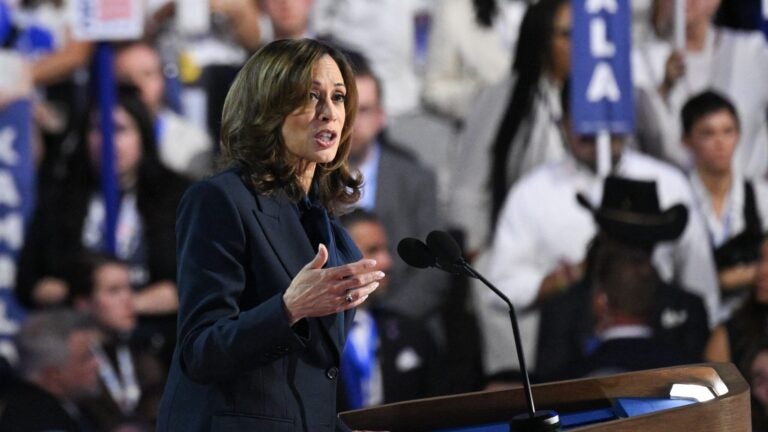 US Vice President and 2024 Democratic presidential candidate Kamala Harris speaks on the fourth and last day of the Democratic National Convention (DNC) at the United Center in Chicago, Illinois, on August 22, 2024.