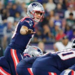 New England Patriots quarterback Drake Maye against the Philadelphia Eagles during third quarter NFL action at Gillette Stadium.