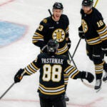 Boston Bruins center Charlie Coyle (18) celebrates his goal with teammates center Pavel Zacha (18) and right wing David Pastrnak (88) against the Anaheim Ducks during second period NHL action at TD Garden.
