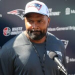 New England Patriots head coach Jerod Mayo (cq) spoke with the media before the start of a joint practice with the Philadelphia Eagles.