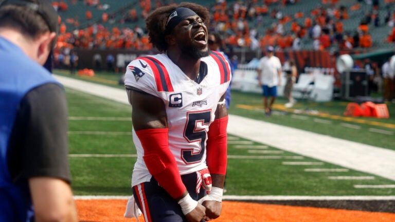 New England Patriots safety Jabrill Peppers (5) reacts after the 16-10 win over the Cincinnati Bengals in the NFL season opener at Paycor Stadium.