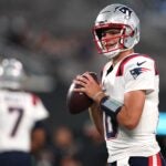 Drake Maye of the New England Patriots warms up prior to the game against the New York Jets at MetLife Stadium on September 19, 2024 in East Rutherford, New Jersey. (Photo by Sarah Stier/Getty Images)