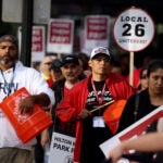 Members of UNITE HERE Local 26 picketed outside of the Hilton Park Plaza Hotel during the Annual Labor Day Breakfast.