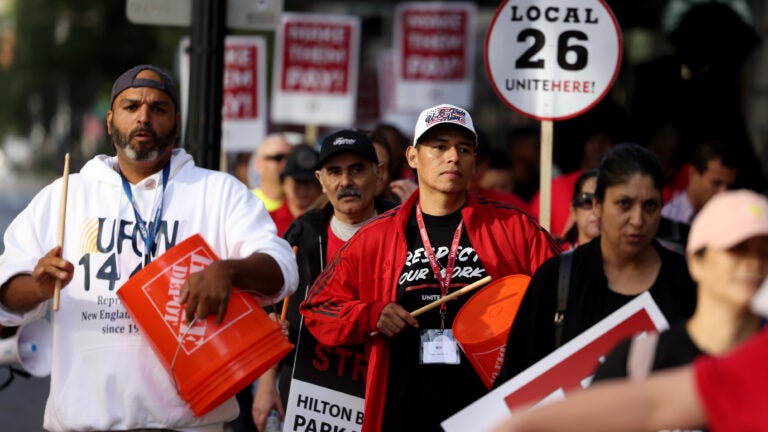 Members of UNITE HERE Local 26 picketed outside of the Hilton Park Plaza Hotel during the Annual Labor Day Breakfast.