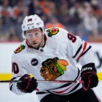Chicago Blackhawks' Tyler Johnson plays during an NHL hockey game, Saturday, March 30, 2024, in Philadelphia.