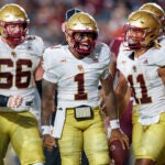 Boston College quarterback Thomas Castellanos (1) celebrates after scoring the first touchdown against Florida State during the first half of an NCAA college football game, Monday, Sept. 2, 2024, in Tallahassee, Fla.