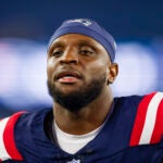 New England Patriots wide receiver Jalen Reagor (83) reacts after an NFL football game against the Philadelphia Eagles on Thursday, Aug. 15, 2024, in Foxborough, Mass.