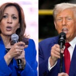 In this combination of photos taken in Pennsylvania, Democratic presidential nominee Vice President Kamala Harris speaks at a campaign event, Aug. 18, 2024, in Rochester, left, and Republican presidential nominee former President Donald Trump speaks during a campaign event, Aug. 19, 2024, in York.