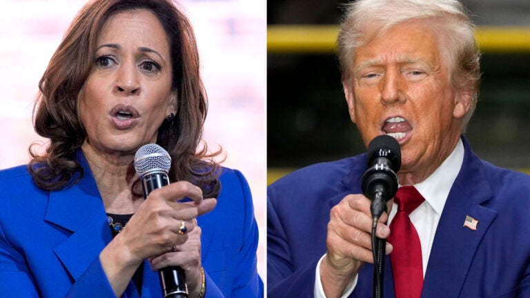 In this combination of photos taken in Pennsylvania, Democratic presidential nominee Vice President Kamala Harris speaks at a campaign event, Aug. 18, 2024, in Rochester, left, and Republican presidential nominee former President Donald Trump speaks during a campaign event, Aug. 19, 2024, in York.