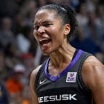 Alyssa Thomas reacts during a game against the Indiana Fever.