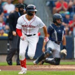 Roman Anthony connects for a double in his first at-bat at Polar Park.