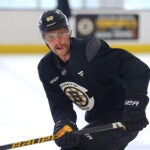 The Bruins training camp continued on Thursday at Warrior Ice Arena. David Pastrnak skates during a drill.
