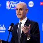 NBA Commissioner Adam Silver talks to reporters before the NBA Finals between the Celtics and Mavericks.