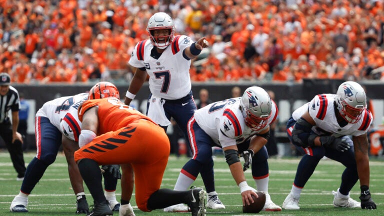 Patriots quarterback Jacoby Brissett makes a call during the season opener against the Bengals.