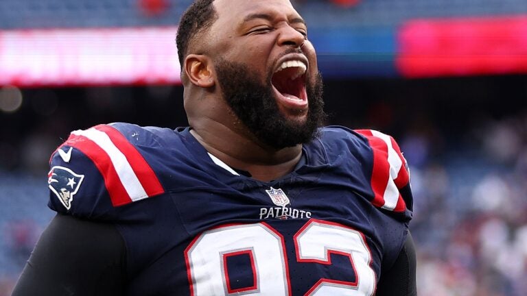 FOXBOROUGH, MASSACHUSETTS - OCTOBER 22: New England Patriots defensive tackle Davon Godchaux #92 celebrates after defeating the Buffalo Bills at Gillette Stadium on October 22, 2023 in Foxborough, Massachusetts.