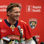 Panthers' Matthew Tkachuk speaks during NHL hockey media day.