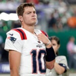 New England Patriots quarterback Drake Maye (10) reacts after an NFL football game against the New York Jets Thursday, Sept. 19, 2024, in East Rutherford, N.J.