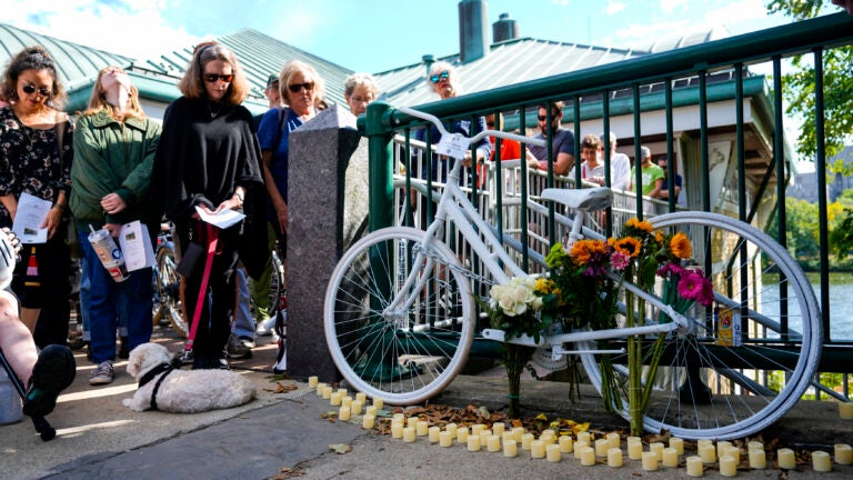 Cyclists honor a man killed by a car on Memorial Drive in Cambridge