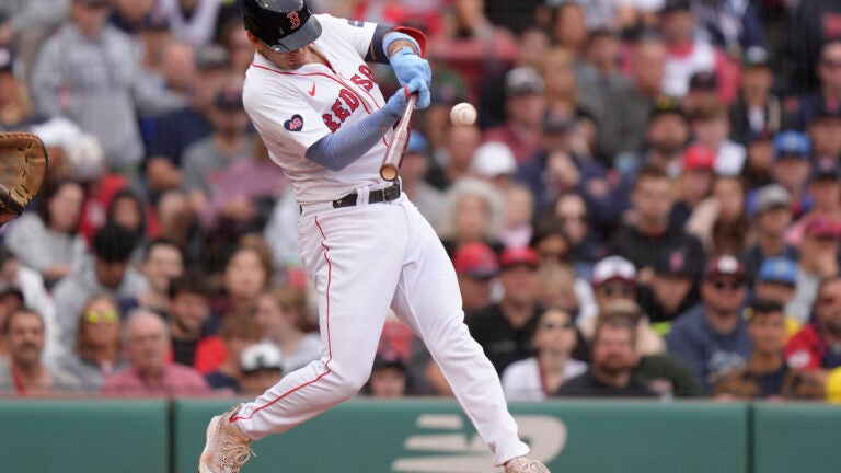 The Red Sox's Vaughn Grissom hits a double in the third inning against the Tampa Bay Rays, Sunday, Sept. 29, 2024, at Fenway.