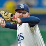 Tampa Bay Rays starting pitcher Zack Littell delivers to the Boston Red Sox during the first inning.