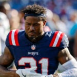 New England Patriots cornerback Jonathan Jones (31) reacts after being defeated 23-20 by the Seattle Seahawks in an NFL game on Sunday, Sept. 15, 2024, in Foxborough, Mass.