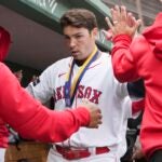 Triston Casas of the Red Sox celebrates after his three-run home run during the third inning.