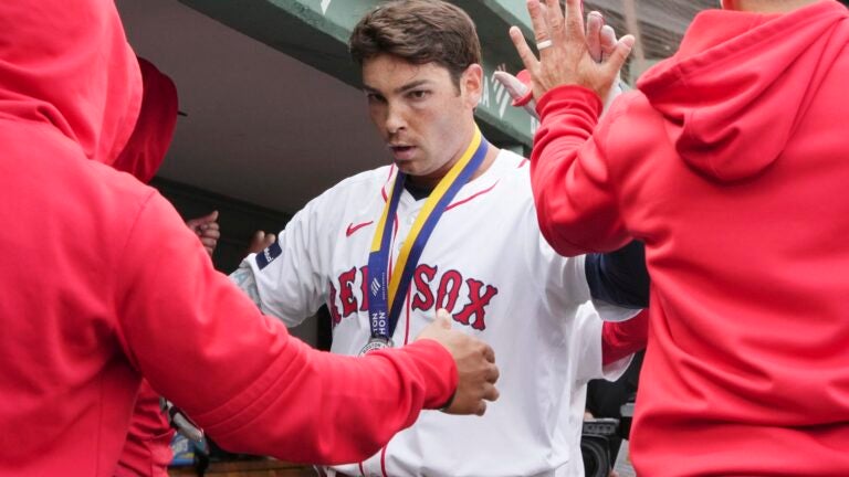 Triston Casas of the Red Sox celebrates after his three-run home run during the third inning.