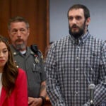 Robert Cole Parmalee, right, accused of stalking and harassing UConn basketball star Paige Bueckers, appears with his public defender Kathryn Mallach for his arraignment at Rockville Superior Court, Monday, Sept. 16, 2024, in Vernon, Conn.