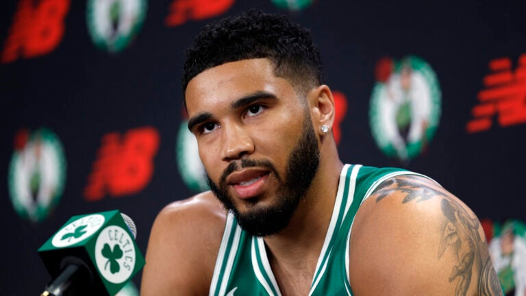 Boston Celtics forward Jayson Tatum speaks during the Celtics media day at the Auerbach Center.
