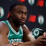 Celtics guard Jaylen Brown speaks during the Celtics media day at the Auerbach Center.
