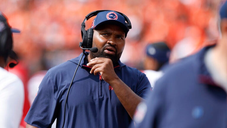 New England Patriots head coach Jerod Mayo on the sideline during the fourth quarter. The Patriots defeat the Bengals, 16-10, in the NFL season opener at Paycor Stadium.