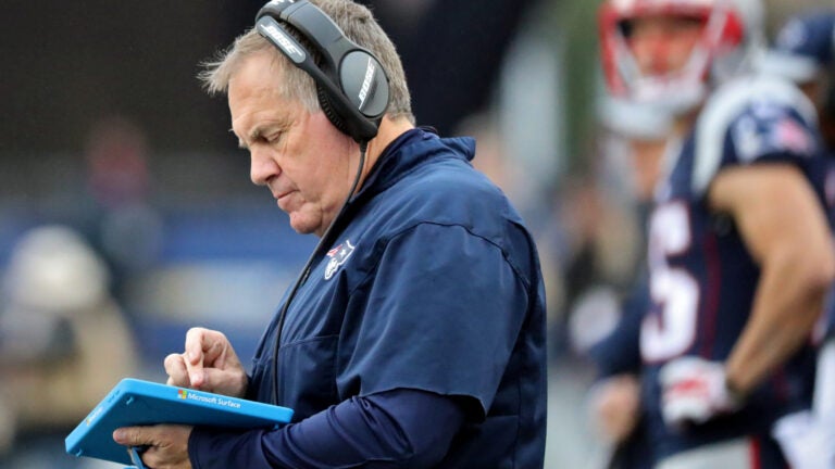 New England Patriots head coach Bill Belichick working with a tablet on the sidelines during second quarter action agaisnt the Buffalo Bills at Gillette Stadium on Sunday October 1, 2016.