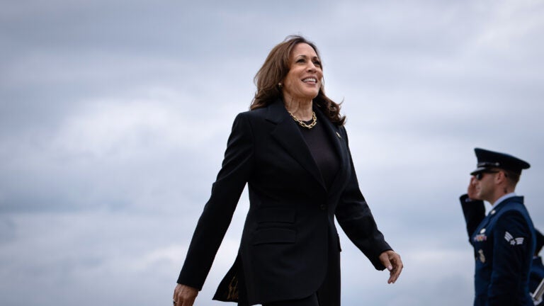 Vice President Kamala Harris, the Democratic presidential nominee, boards Air Force Two.