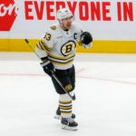 Boston Bruins left wing Brad Marchand (63) reacts after scoring a goal against the Toronto Maple Leafs during secondv period action in game four of the Eastern Conference NHL Playoffs at Scotiabank Arena.