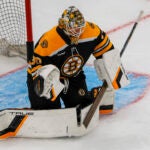 Boston Bruins goalie Brandon Bussi in net as he warms up before they play the New York Rangers during NHL pre-season action at TD Garden.