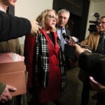 Massachusetts Cannabis Control Commission Chairwoman Shannon O'Brien, center, was in Suffolk Superior Court in December.