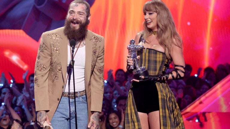 Post Malone and Taylor Swift accept the Best Collaboration award for "Fortnight" on stage during the 2024 MTV Video Music Awards at UBS Arena on September 11, 2024 in Elmont, New York.