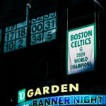 The No. 18 NBA championship banner raises into the rafters of TD Garden to commemorate the Boston Celtics 2024 NBA title.
