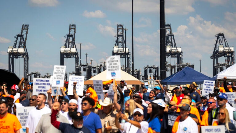 Cranes usually running day and night are shut down during a strike by ILA members at the Bayport Container Terminal.