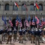 People bearing the insignia of the white supremacist group Patriot Front stand in formation in front of the Boston Public Library in Copley Square.