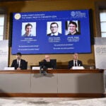 Johan Åqvist, member of the Nobel Committee for Chemistry, Hans Ellegren, Permanent Secretary and Heiner Linke, Chairman of the Nobel Committee for Chemistry award this years Nobel Prize in Chemistry to David Baker, Demis Hassabis, and John M Jumper at the Royal Swedish Academy of Sciences, in Stockholm.