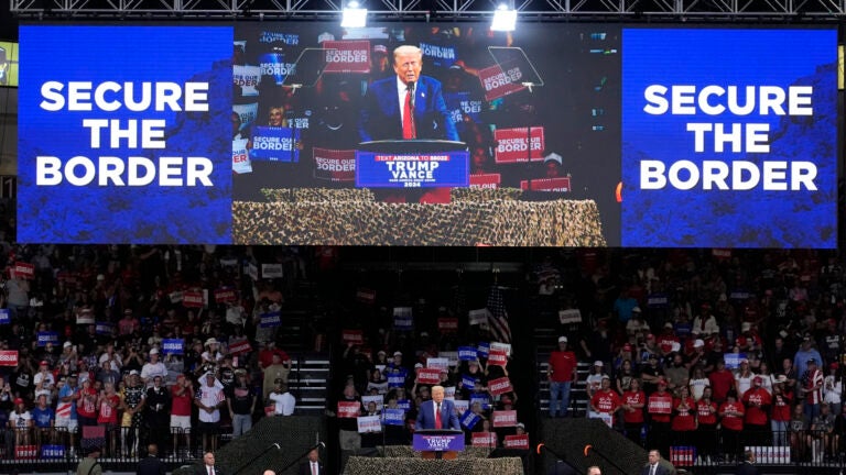 Republican presidential nominee former President Donald Trump speaks at a campaign rally at the Findlay Toyota Arena.