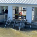 A portion of the gangway which collapsed Saturday afternoon remains visible on Sapelo Island in McIntosh county, Ga., Sunday, Oct. 20, 2024.