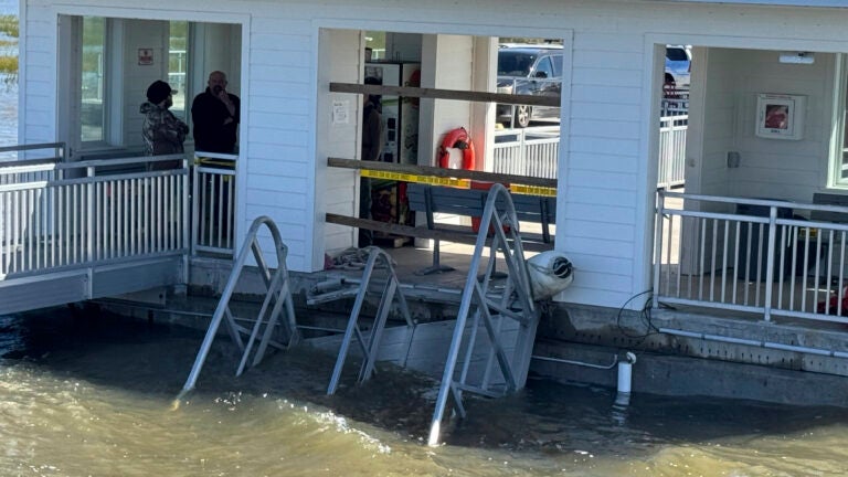 A portion of the gangway which collapsed Saturday afternoon remains visible on Sapelo Island in McIntosh county, Ga., Sunday, Oct. 20, 2024.