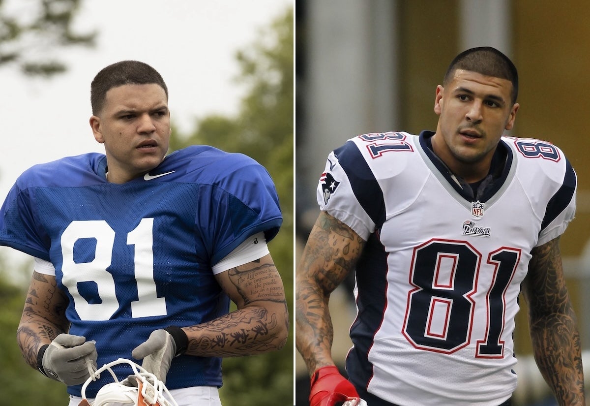 Josh Rivera (L) plays Aaron Hernandez (R) on 