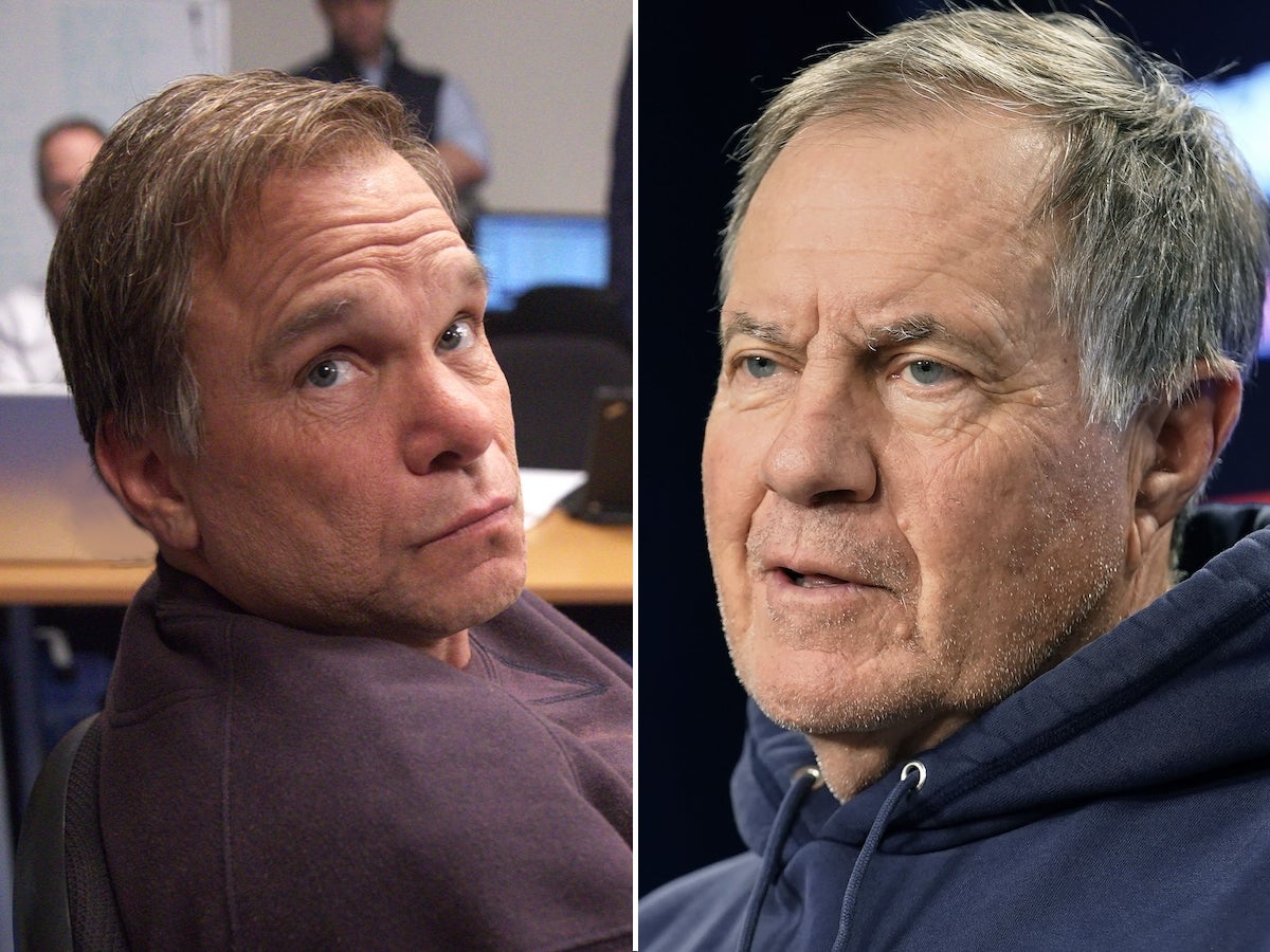 Norbert Leo Butz (L) as former Patriots coach Bill Belichick (R) in 