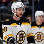 Boston Bruins center Elias Lindholm (28) in the second period of an NHL hockey game Wednesday, Oct. 16, 2024, in Denver.