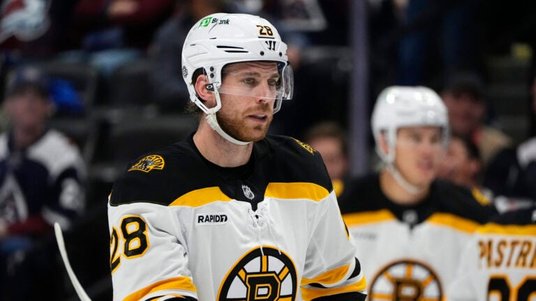 Boston Bruins center Elias Lindholm (28) in the second period of an NHL hockey game Wednesday, Oct. 16, 2024, in Denver.