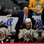 Boston Bruins head coach Jim Montgomery () in the third period of an NHL hockey game Wednesday, Oct. 16, 2024, in Denver.